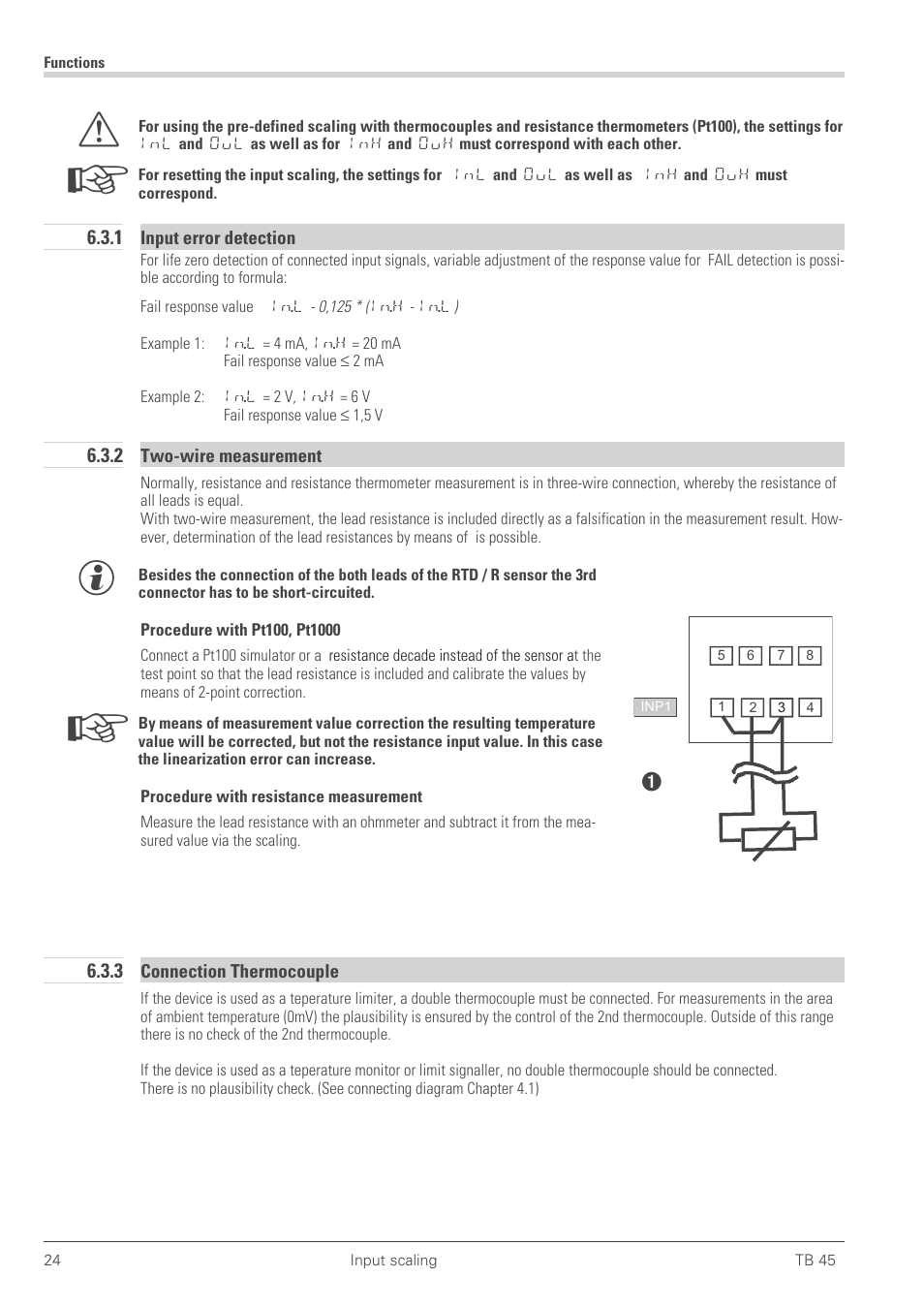 1 input error detection 24, 2 two-wire measurement 24, 3 connection thermocouple 24 | Input error detection 24, Two-wire measurement 24, Zweileiter - messung 24 | West Control Solutions TB 45 Temperature Limiter User Manual | Page 24 / 51