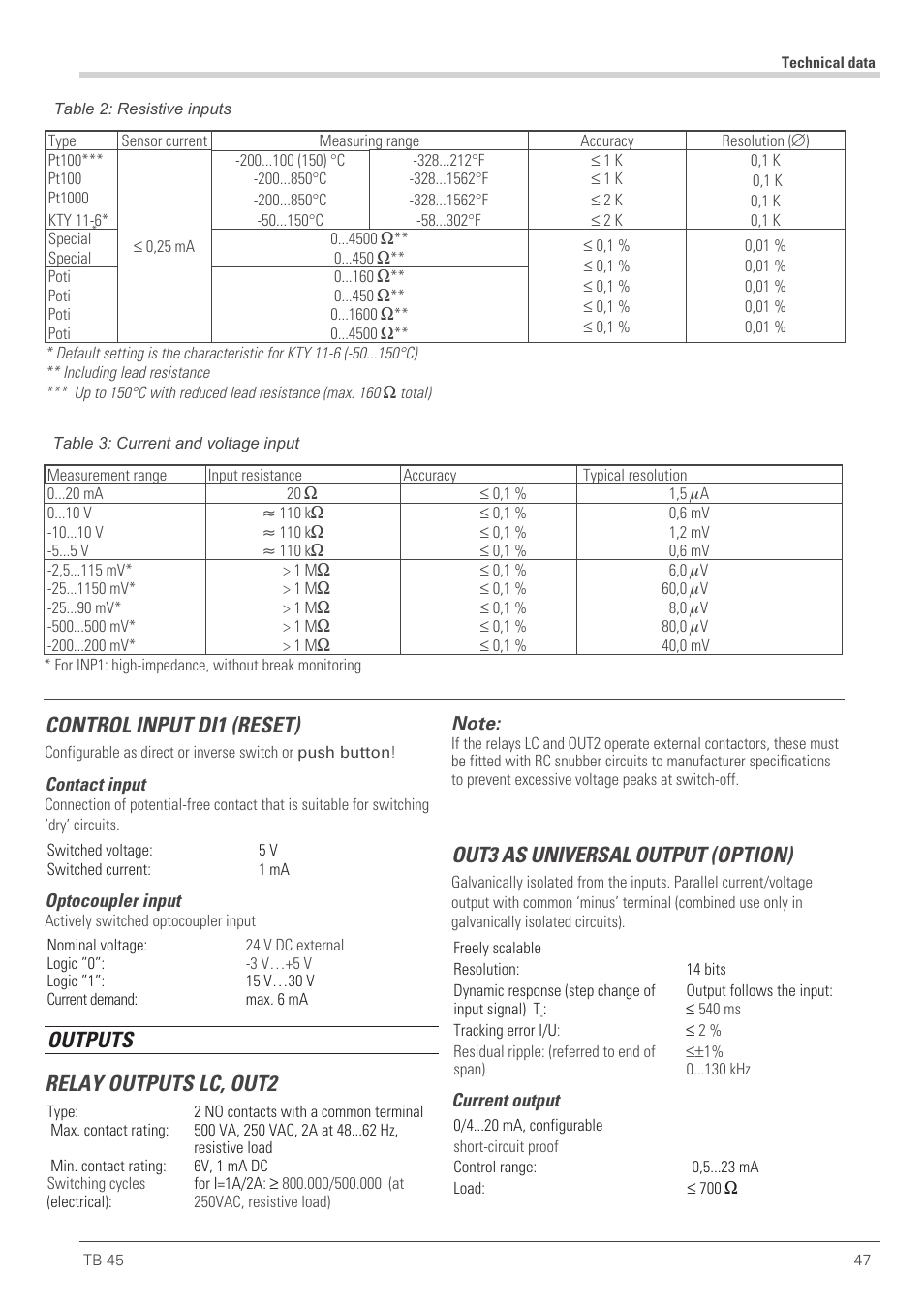 Control input di1 (reset), Outputs relay outputs lc, out2, Out3 as universal output (option) | West Control Solutions TB 45 Temperature Limiter User Manual | Page 47 / 51