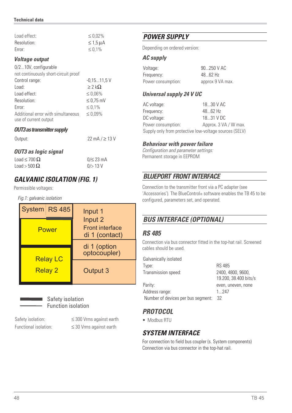 Galvanic isolation (fig. 1), Power supply, Blueport | Front interface, Bus interface (optional) rs 485, Protocol, System interface | West Control Solutions TB 45 Temperature Limiter User Manual | Page 48 / 51