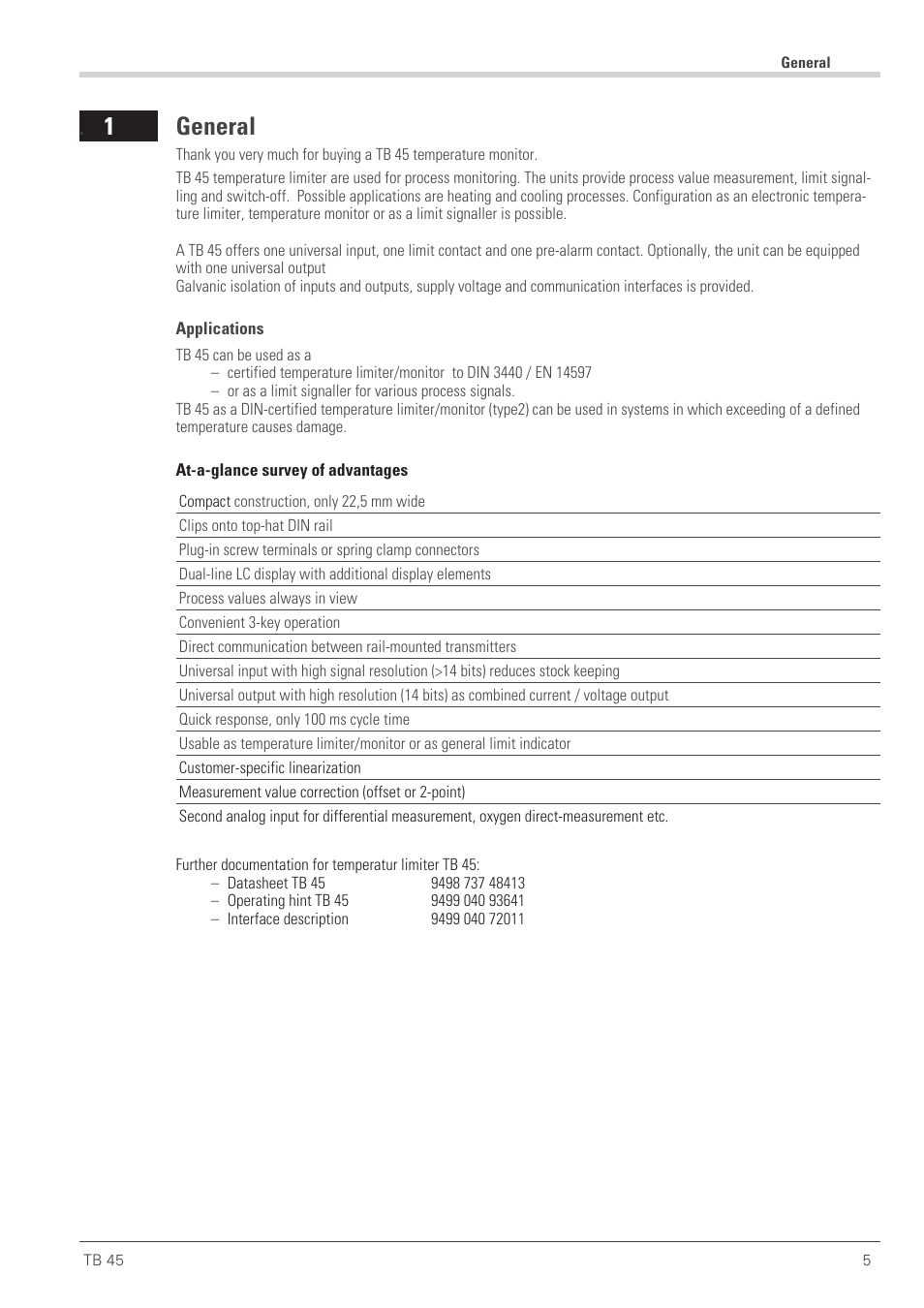 General 5, Applications 5, General | 1 general | West Control Solutions TB 45 Temperature Limiter User Manual | Page 5 / 51