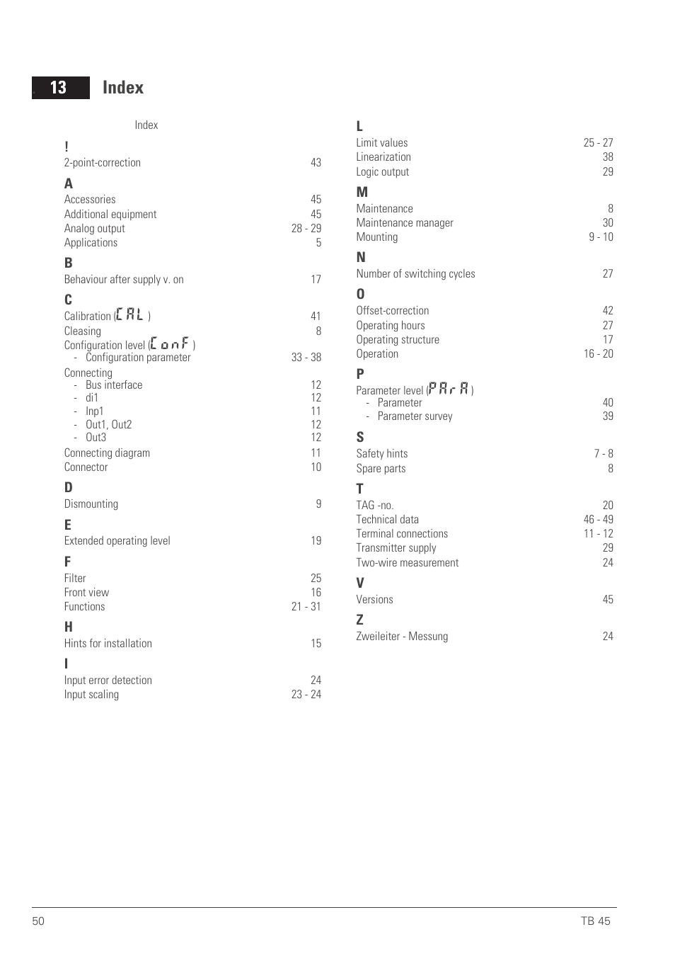 Index 50, Index, 13 index | Conf, Para | West Control Solutions TB 45 Temperature Limiter User Manual | Page 50 / 51