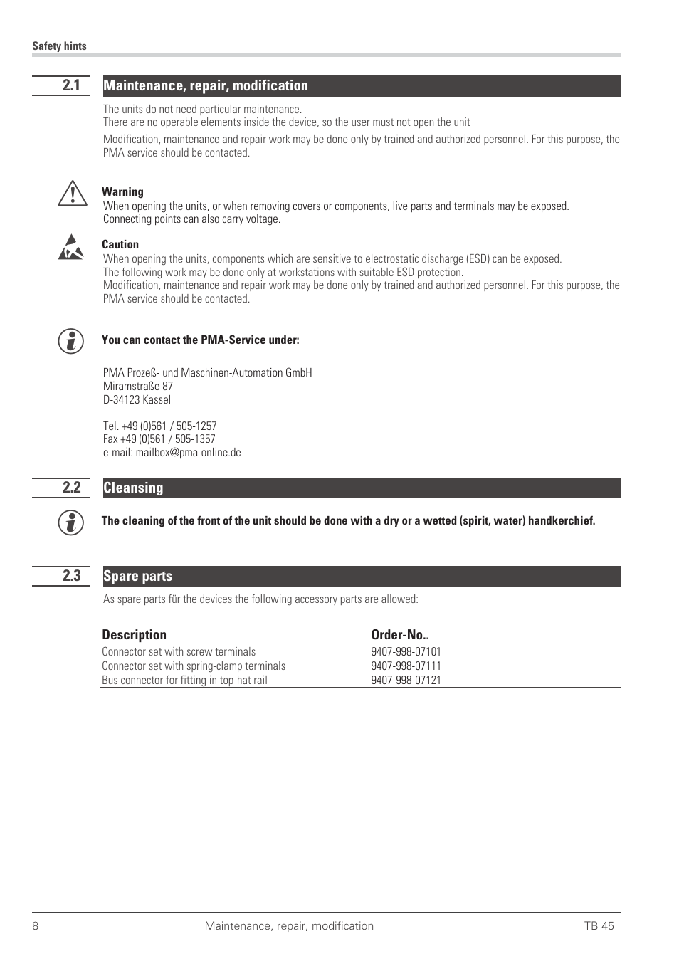 1 maintenance, repair, modification 8, 2 cleansing 8, 3 spare parts 8 | Cleasing 8, Maintenance 8, Spare parts 8, Maintenance, repair, modification, Cleansing, Spare parts | West Control Solutions TB 45 Temperature Limiter User Manual | Page 8 / 51