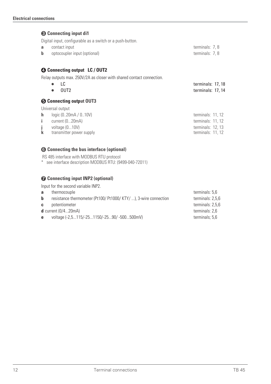 Bus interface 12, Di1 12, Inp2 12 | Out1, out2 12, Out3 12 | West Control Solutions TB 45 Temperature Monitor User Manual | Page 12 / 52