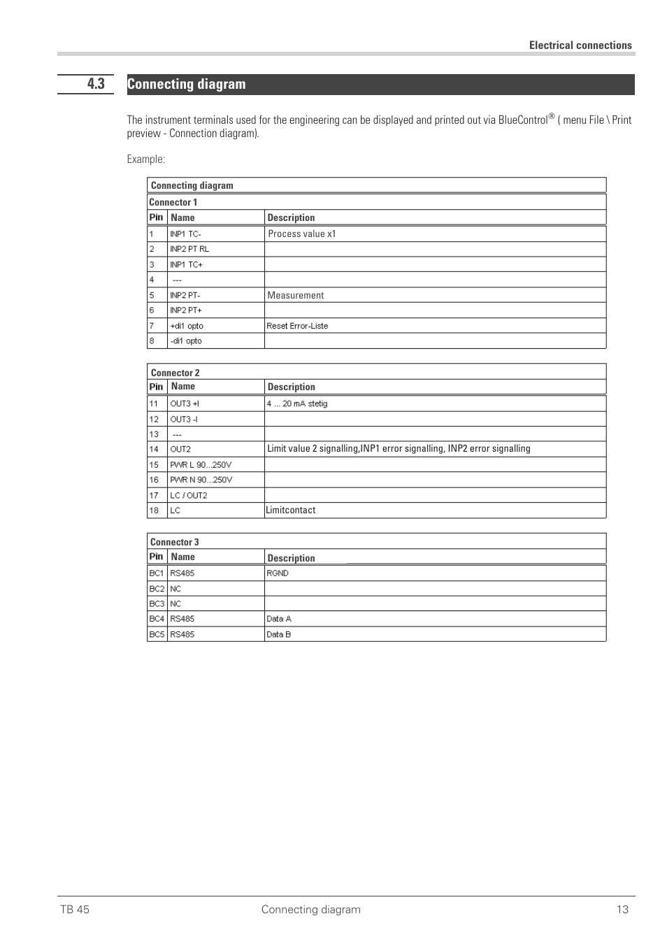 3 anschlussplan 13, Anschlussplan, Connecting diagram | West Control Solutions TB 45 Temperature Monitor User Manual | Page 13 / 52