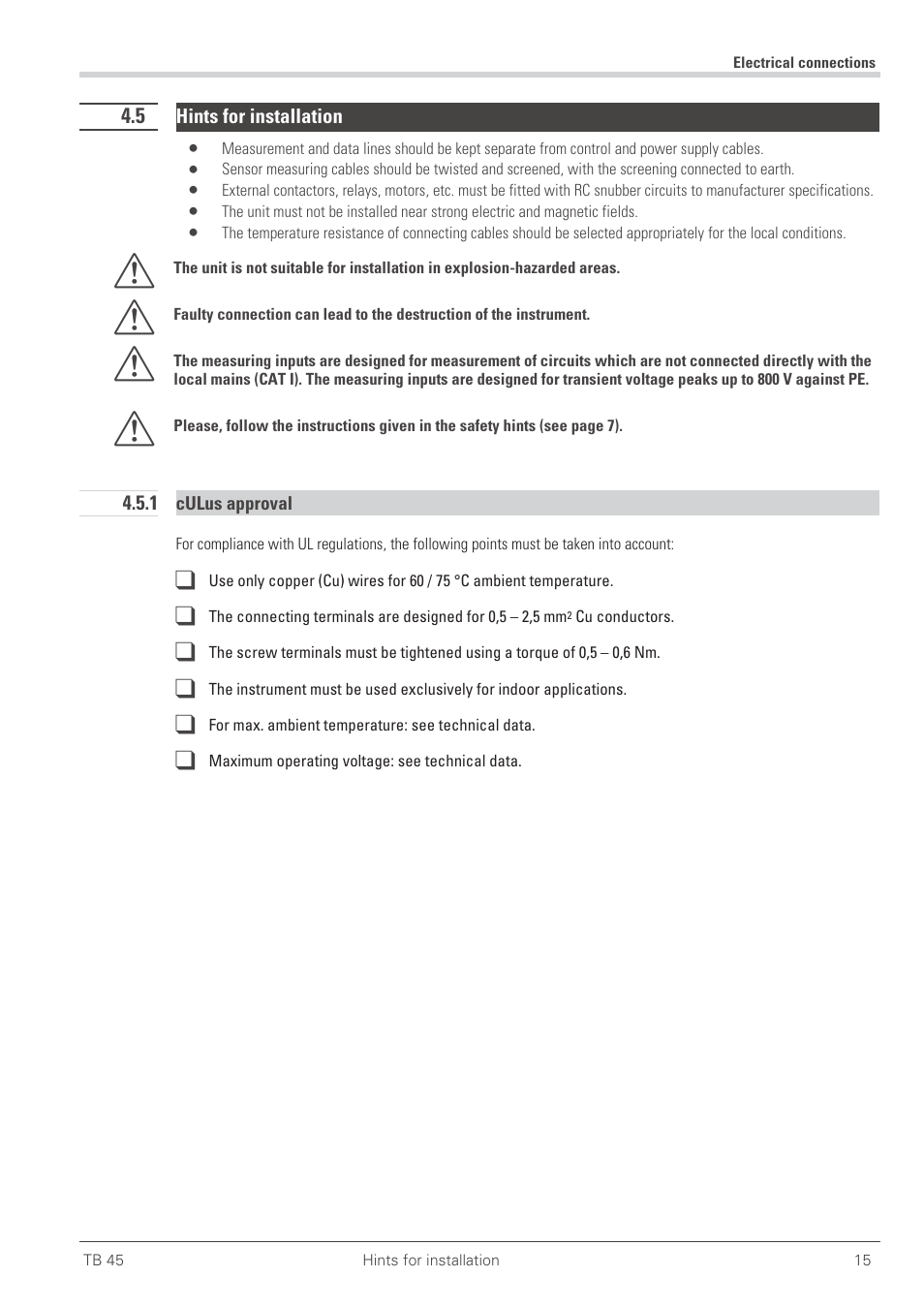 5 hints for installation 15, 1 culus approval 15, Culus approval 15 | Hints for installation 15, Hints for installation 4.5.1 culus approval | West Control Solutions TB 45 Temperature Monitor User Manual | Page 15 / 52