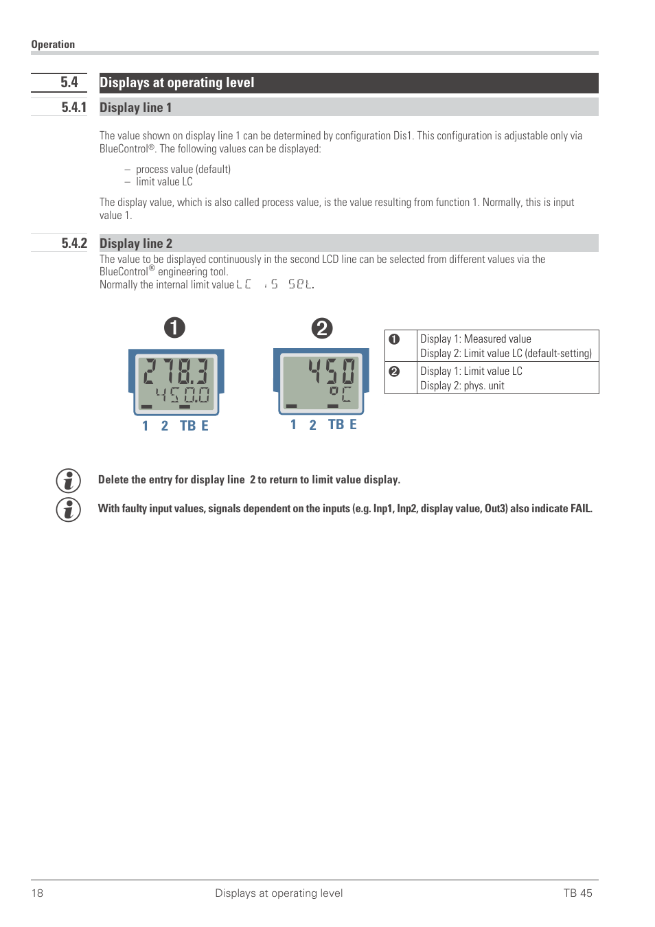 4 displays at operating level 18, 1 display line 1 18, 2 display line 2 18 | 0 äüä, C д дььь | West Control Solutions TB 45 Temperature Monitor User Manual | Page 18 / 52