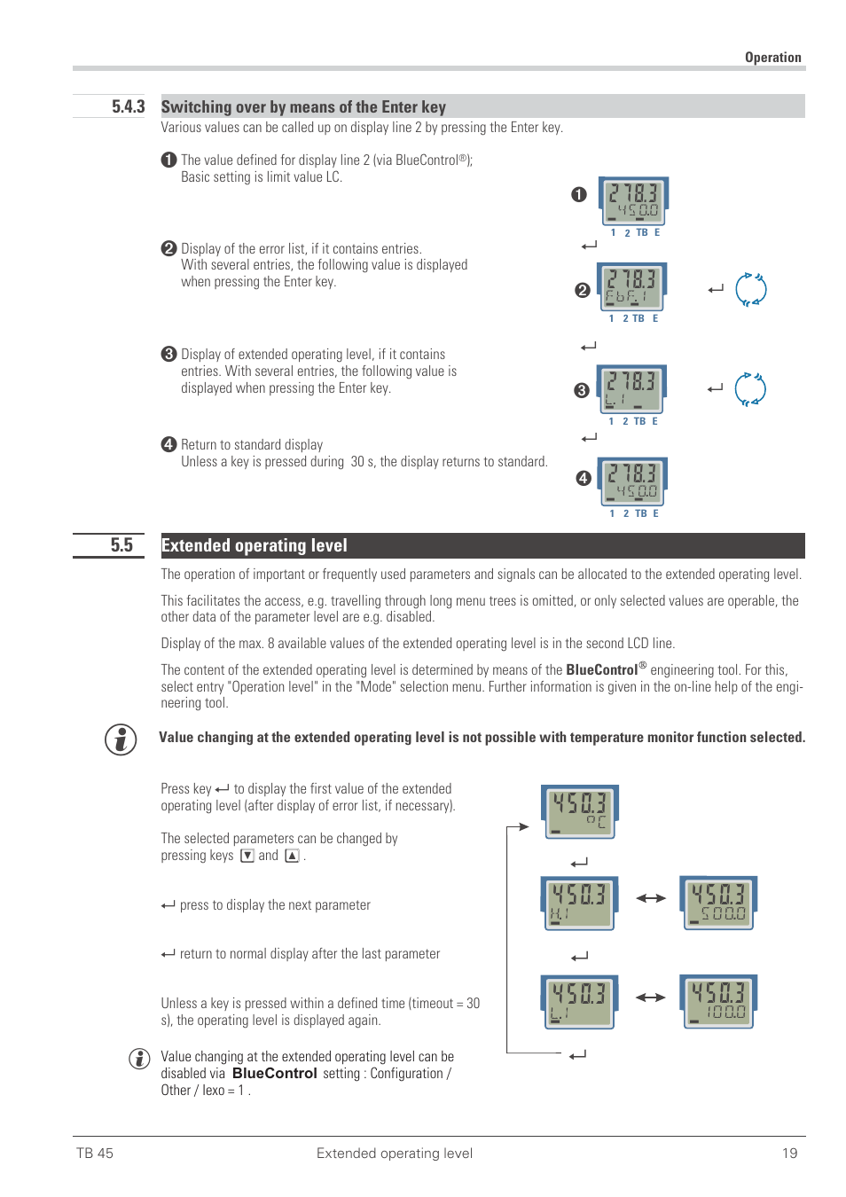 3 switching over by means of the enter key 19, 5 extended operating level 19, Extended operating level 19 | 3 switching over by means of the enter key, Extended operating level | West Control Solutions TB 45 Temperature Monitor User Manual | Page 19 / 52