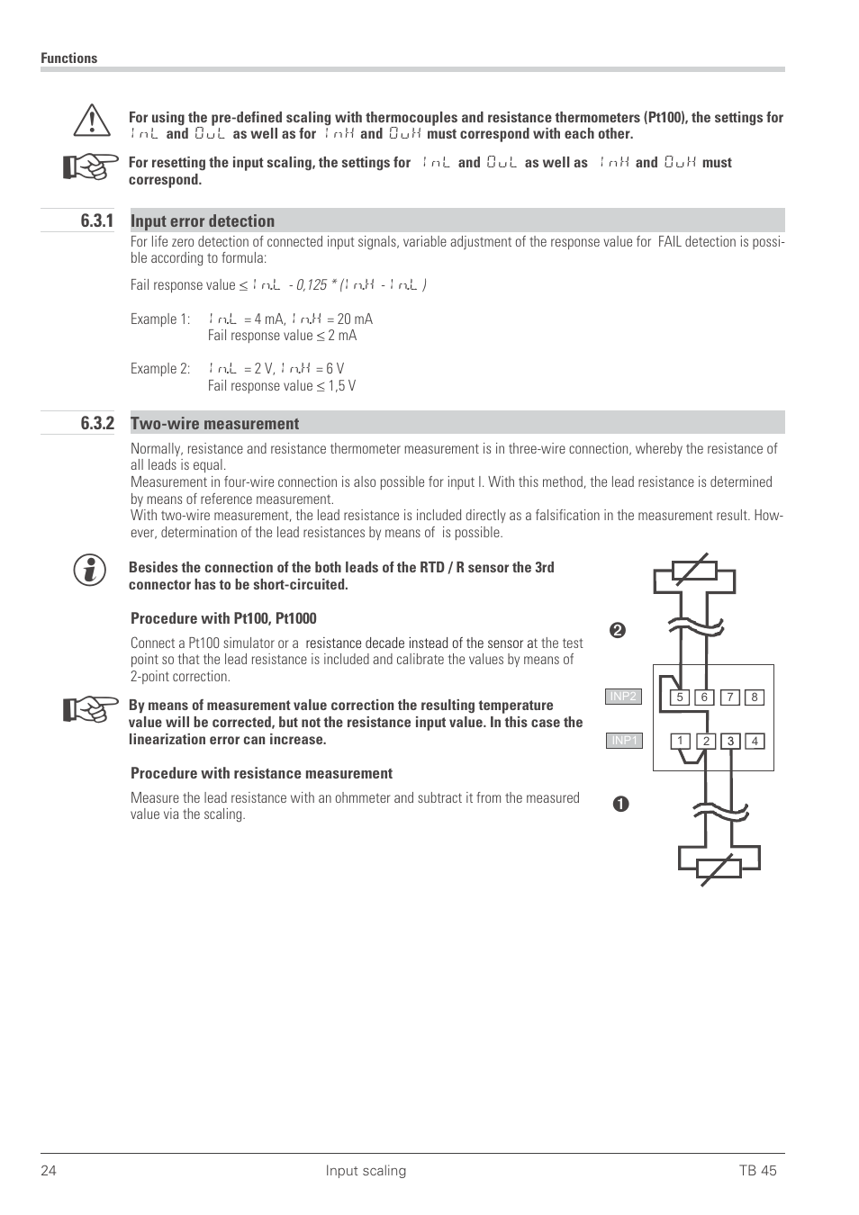 1 input error detection 24, 2 two-wire measurement 24, Input error detection 24 | Two-wire measurement 24, 1 input error detection 6.3.2 two-wire measurement | West Control Solutions TB 45 Temperature Monitor User Manual | Page 24 / 52