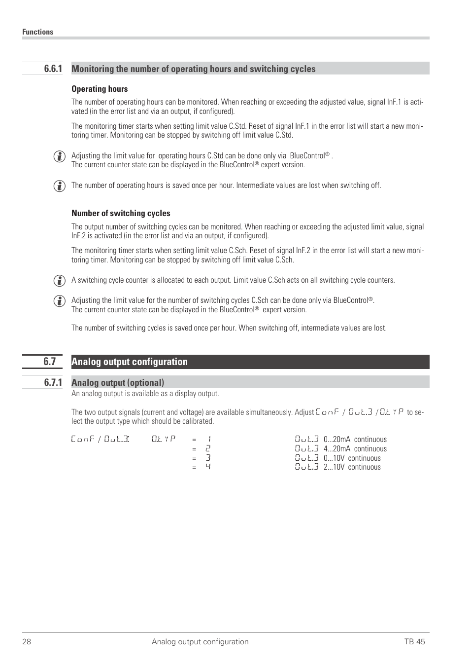 7 analog output configuration 28, 1 analog output (optional) 28, Analog output 28 - 30 | Number of switching cycles 28, Operating hours 28 | West Control Solutions TB 45 Temperature Monitor User Manual | Page 28 / 52