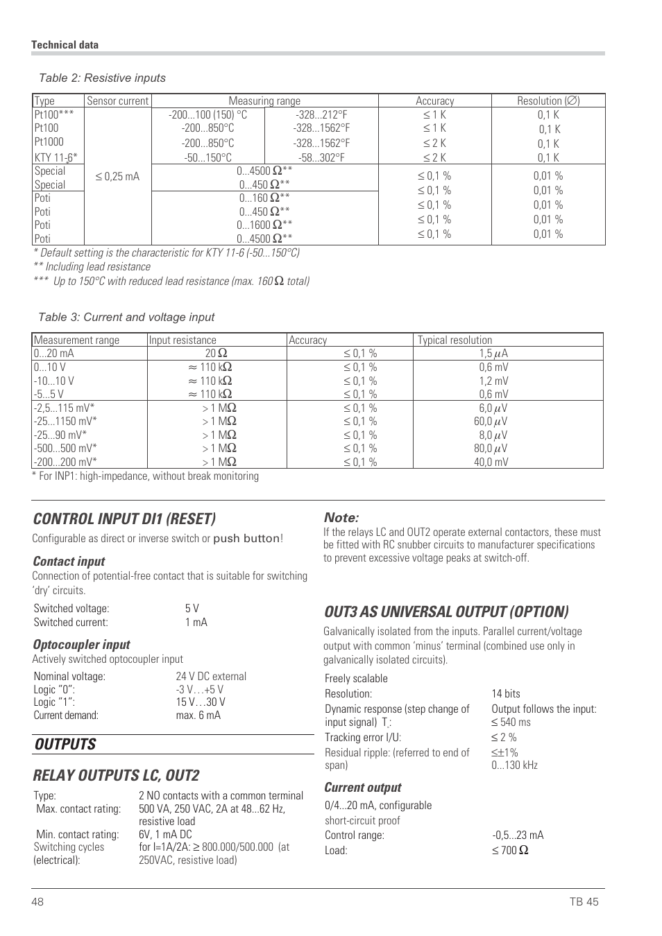 Control input di1 (reset), Outputs relay outputs lc, out2, Out3 as universal output (option) | West Control Solutions TB 45 Temperature Monitor User Manual | Page 48 / 52