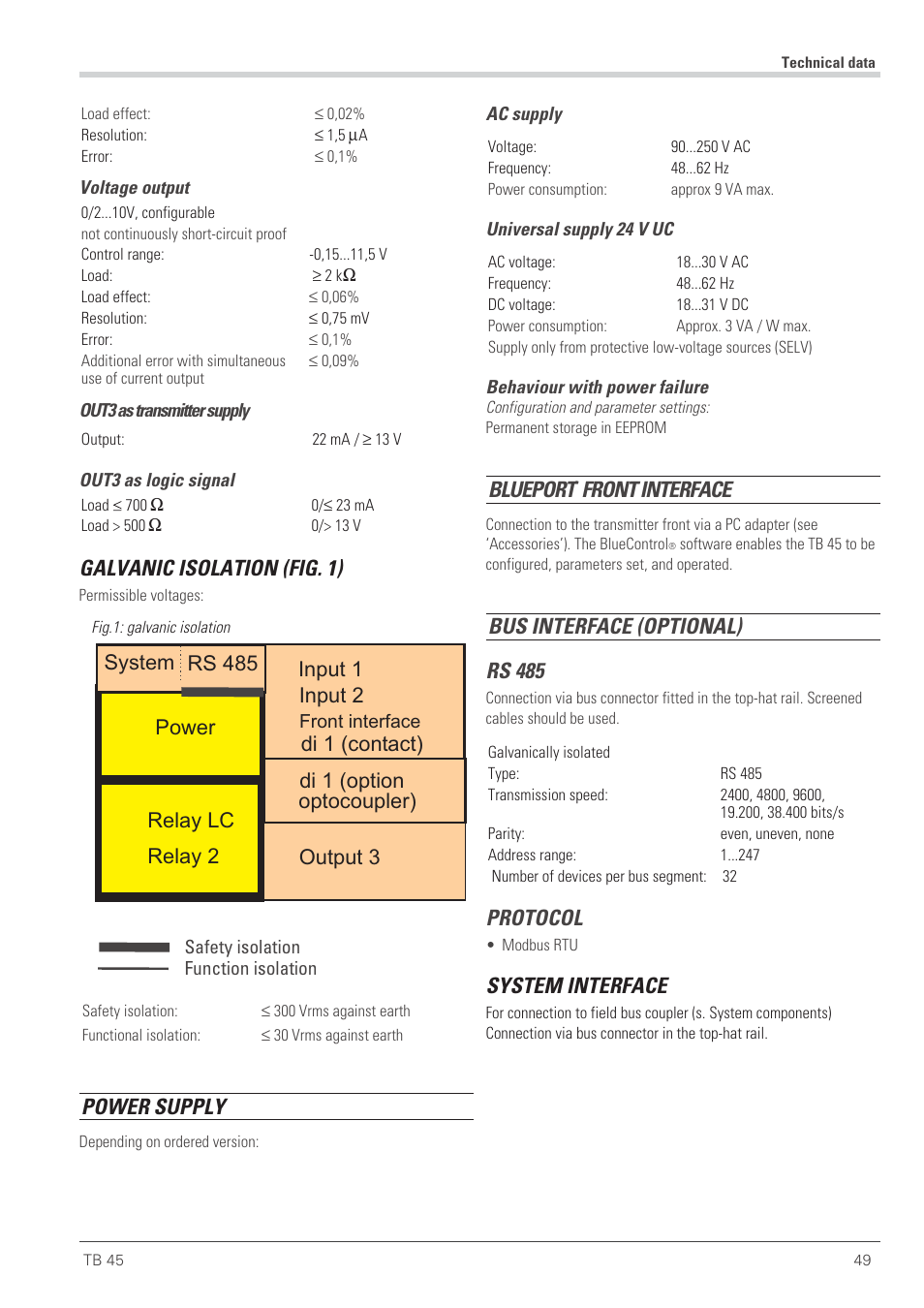 Galvanic isolation (fig. 1), Power supply, Blueport | Front interface, Bus interface (optional) rs 485, Protocol, System interface | West Control Solutions TB 45 Temperature Monitor User Manual | Page 49 / 52