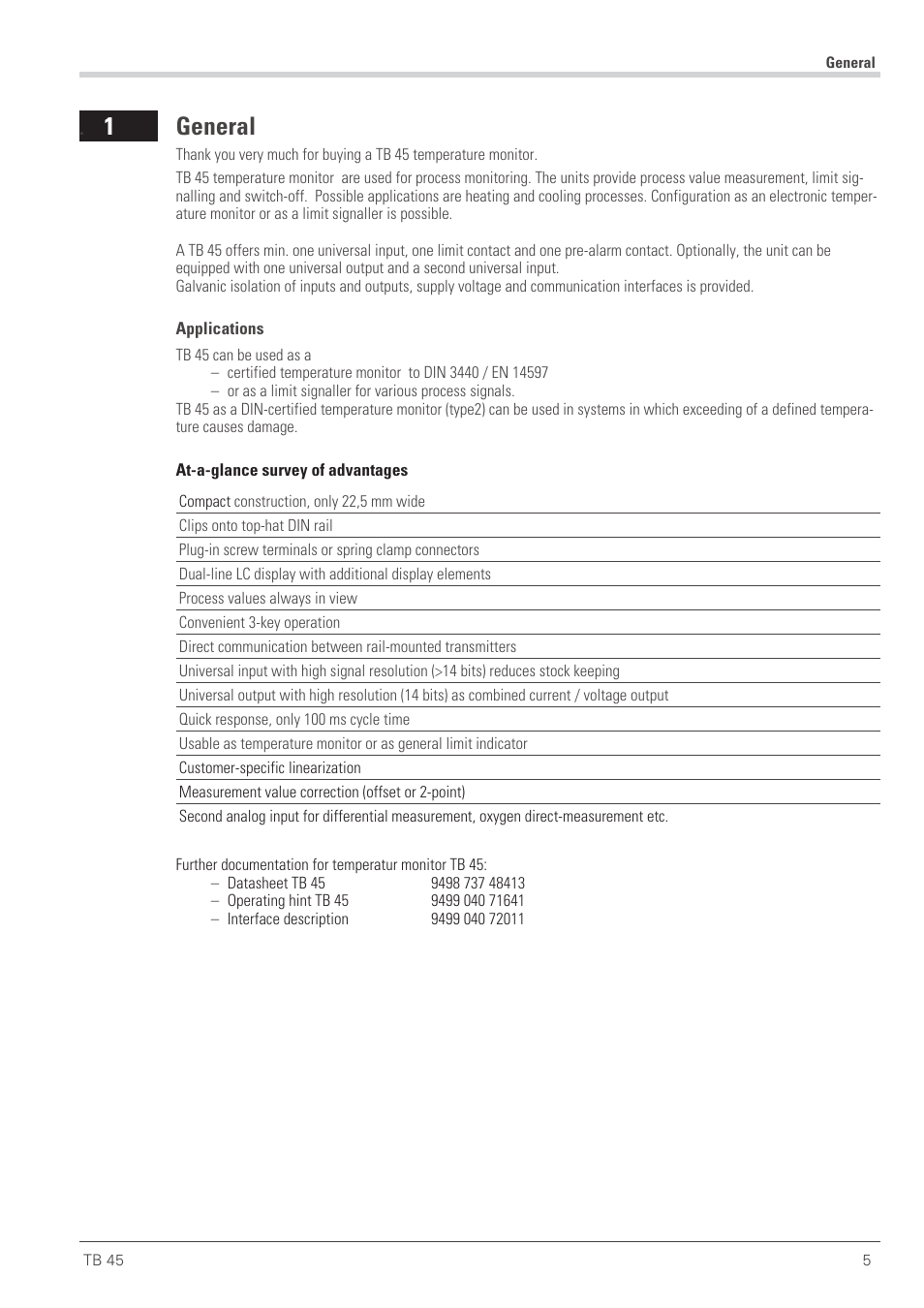 General 5, Applications 5, General5 | 1 general | West Control Solutions TB 45 Temperature Monitor User Manual | Page 5 / 52