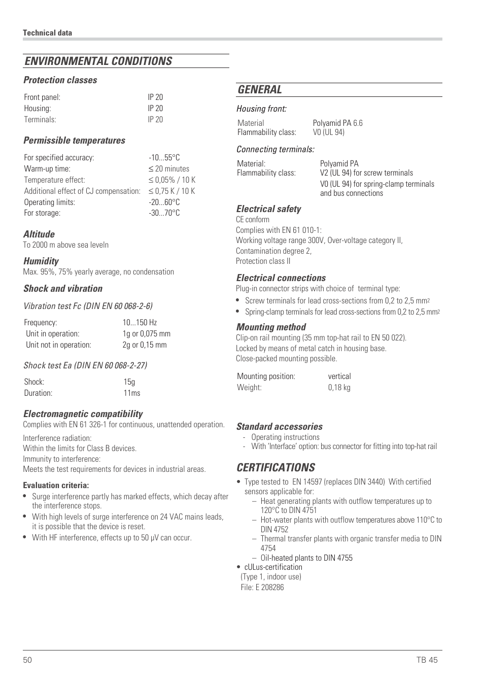 Environmental conditions, General, Certifications | West Control Solutions TB 45 Temperature Monitor User Manual | Page 50 / 52