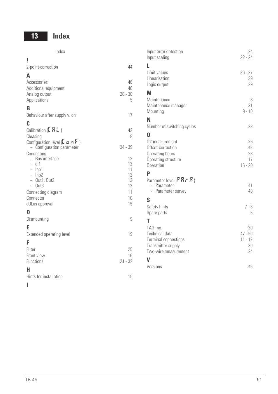 Index 51, Index, 13 index | Conf, Para | West Control Solutions TB 45 Temperature Monitor User Manual | Page 51 / 52