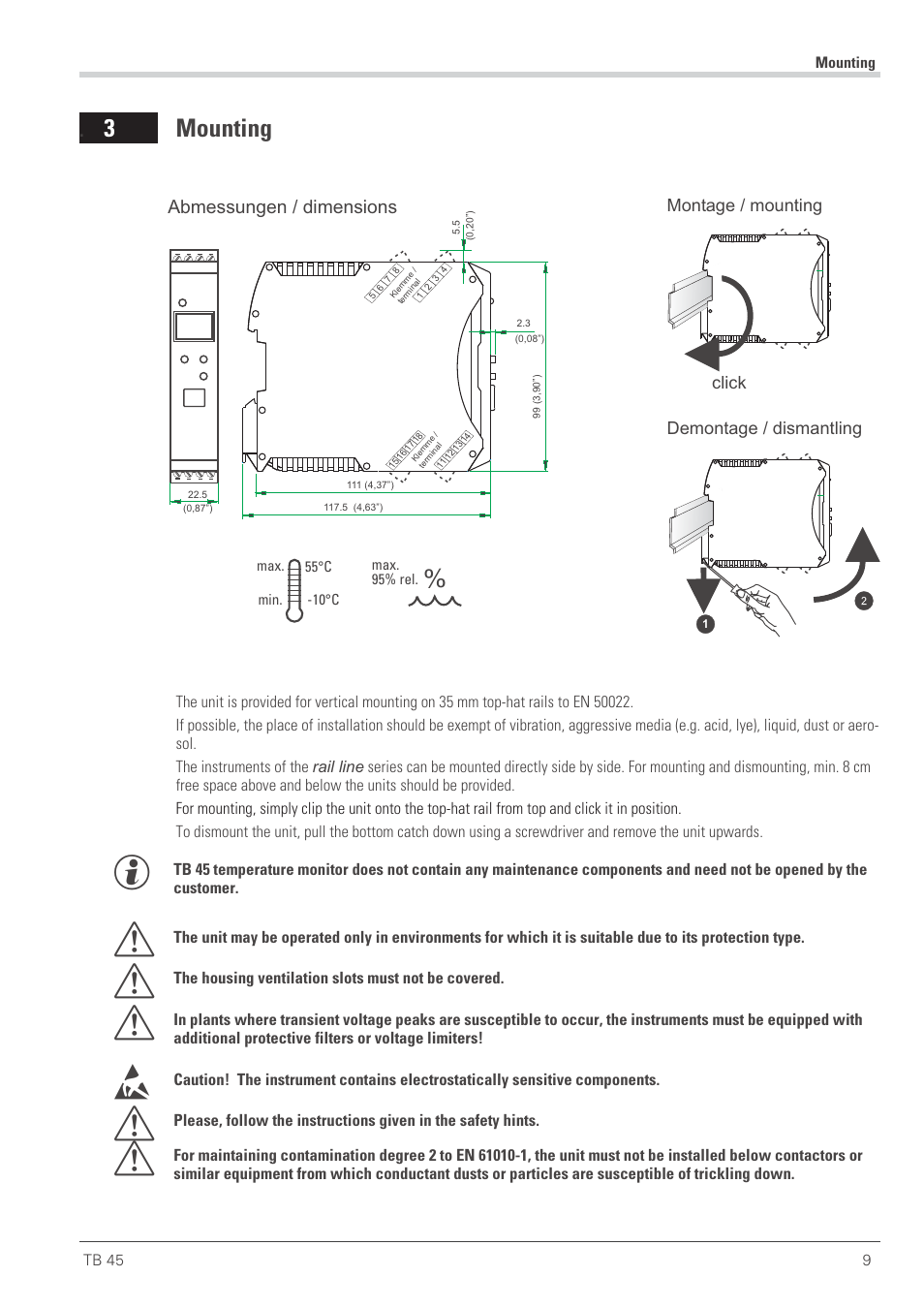 Mounting 9, Dismounting 9, Mounting 9 - 10 | Mounting, 3 mounting | West Control Solutions TB 45 Temperature Monitor User Manual | Page 9 / 52