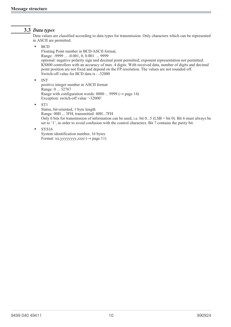 3 data types 10, Data types | West Control Solutions KS 800 ISO1745 Interface Manual User Manual | Page 10 / 34