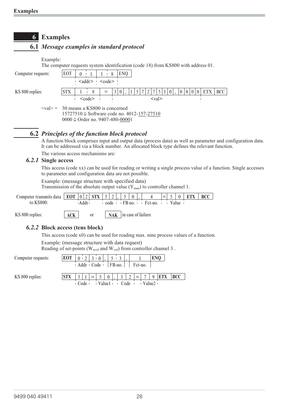 6 examples 28, 1 message examples in standard protocol 28, 2 principles of the function block protocol 28 | 1 single access 28, 2 block access (tens block) 28, Block access(tens block) 28, Single access 28, Examples, Message examples in standard protocol, 2 block access (tens block) | West Control Solutions KS 800 ISO1745 Interface Manual User Manual | Page 28 / 34