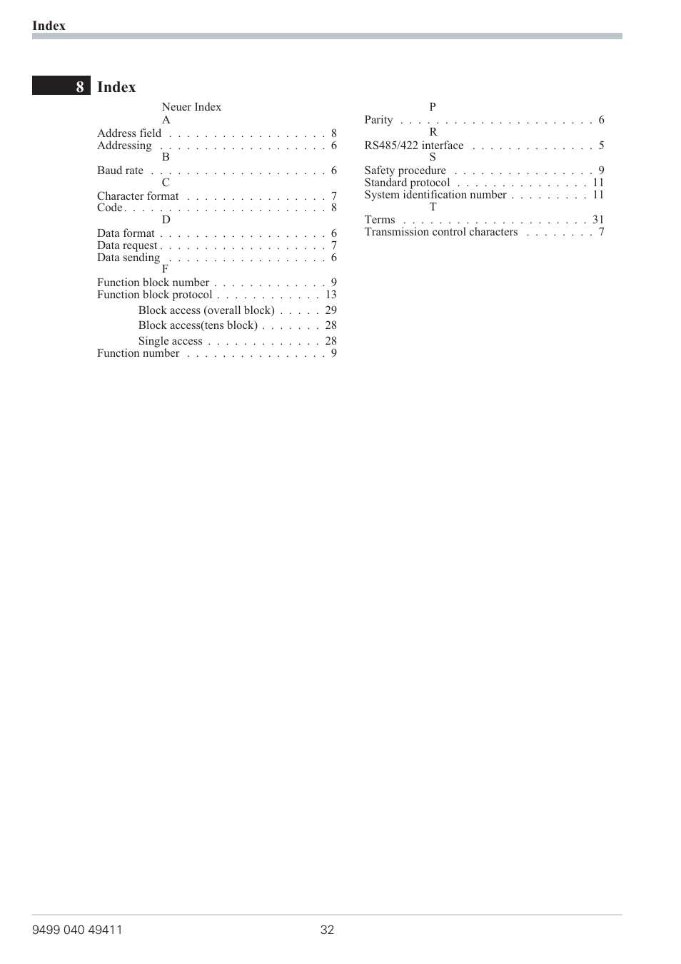 8 index 32, Neuer index, Index | 8index | West Control Solutions KS 800 ISO1745 Interface Manual User Manual | Page 32 / 34