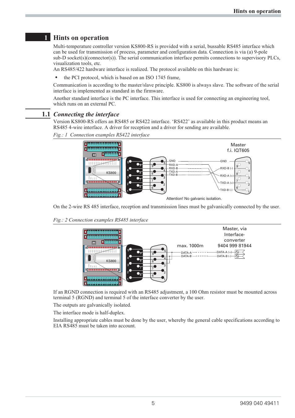 1 hints on operation 5, 1 connecting the interface 5, Rs485/422 interface 5 | Hints on operation, Connecting the interface, 1hints on operation, Fig.: 1 connection examples rs422 interface, Fig.: 2 connection examples rs485 interface, Master f.i. iqt605, Max. 1000m | West Control Solutions KS 800 ISO1745 Interface Manual User Manual | Page 5 / 34