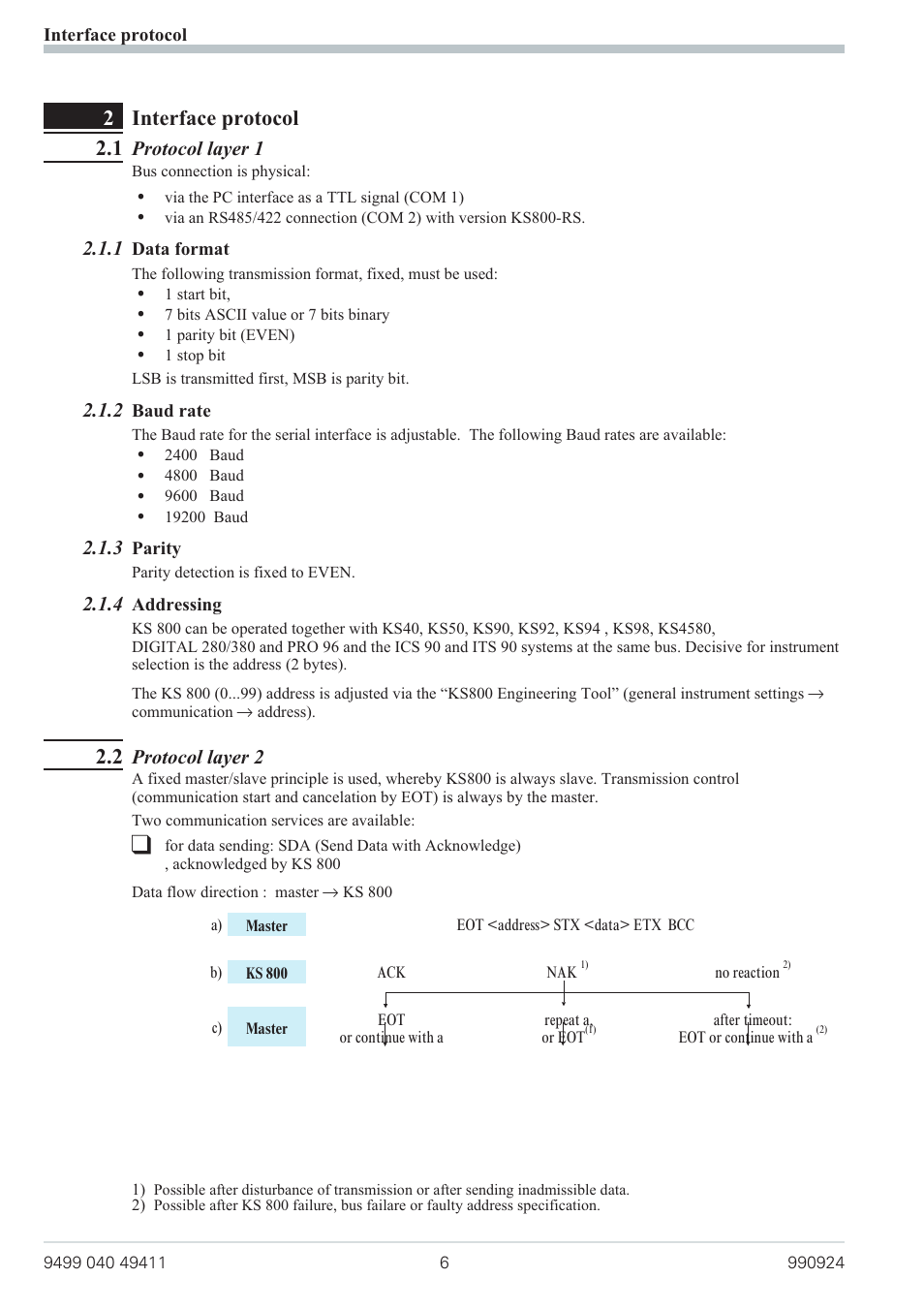 2 interface protocol 6, 1 protocol layer 1 6, 1 data format 6 | 2 baud rate 6, 3 parity 6, 4 addressing 6, 2 protocol layer 2 6, Addressing 6, Baud rate 6, Data format 6 | West Control Solutions KS 800 ISO1745 Interface Manual User Manual | Page 6 / 34