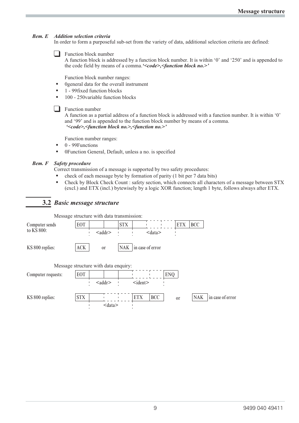 2 basic message structure 9, Function block number 9, Function number 9 | Safety procedure 9, Basic message structure | West Control Solutions KS 800 ISO1745 Interface Manual User Manual | Page 9 / 34