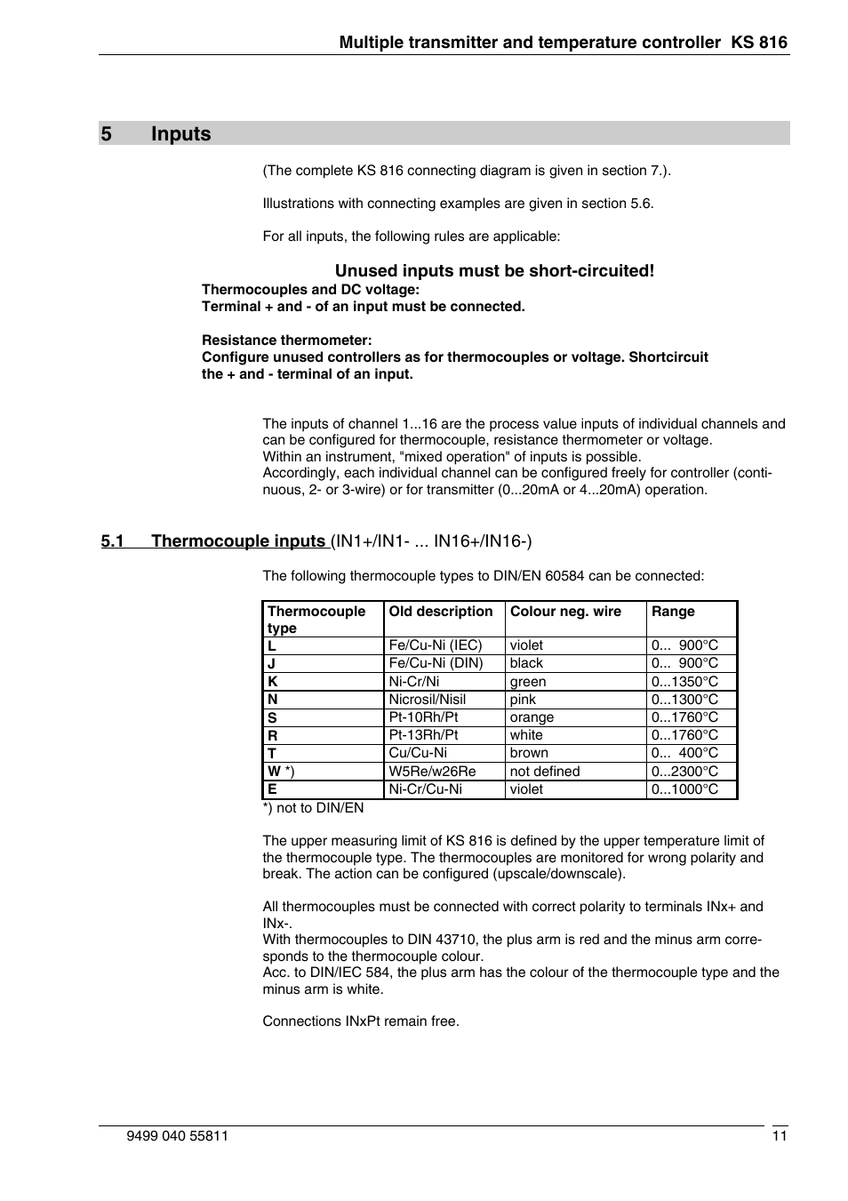 5inputs, Unused inputs must be short-circuited | West Control Solutions KS 816 User Manual | Page 11 / 22