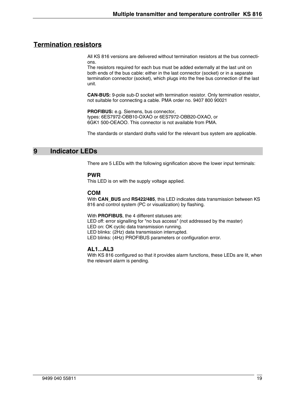 Termination resistors, 9indicator leds | West Control Solutions KS 816 User Manual | Page 19 / 22