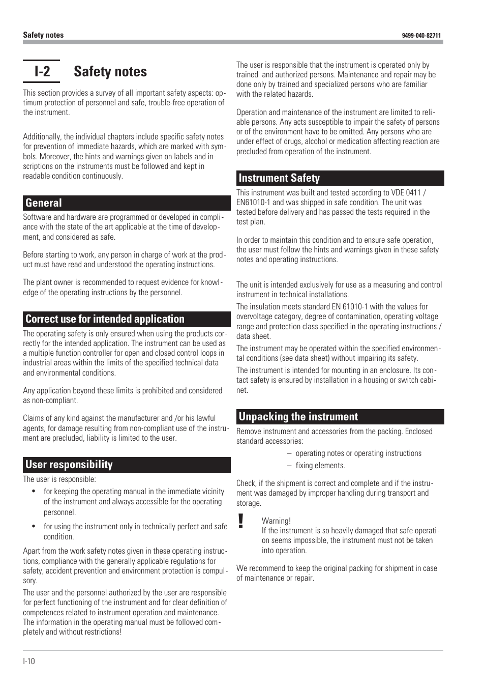 I-2 safety notes 10, Safety notes 10 - 11, General | Correct use for intended application, User responsibility, Instrument safety, Unpacking the instrument | West Control Solutions KS98-1 User Manual | Page 10 / 320