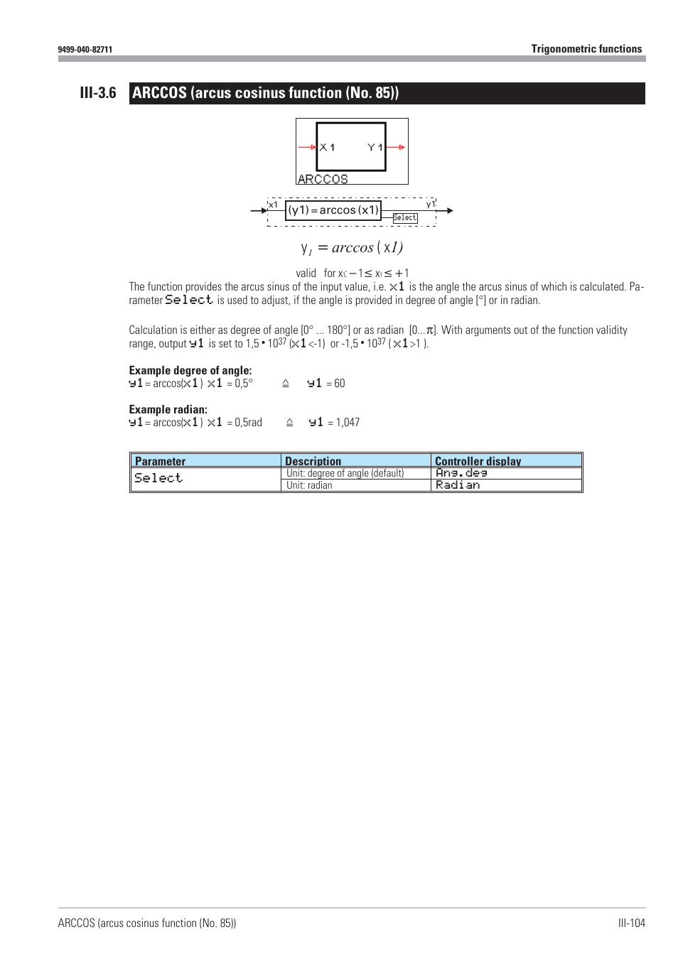 Arccos 104, Arcus cosinus function 104, Arccos 1) | West Control Solutions KS98-1 User Manual | Page 104 / 320