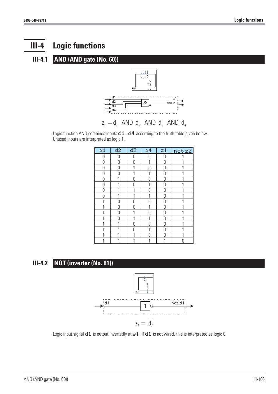 Iii-4 logic functions 106, Iii-4.1 and (and gate (no. 60)) 106, Iii-4.2 not (inverter (no. 61)) 106 | And 106, And gate 106, Inverter 106, Logic functions 106, Not 106, Iii-4 logic functions, Iii-4.2 not (inverter (no. 61)) z d | West Control Solutions KS98-1 User Manual | Page 106 / 320