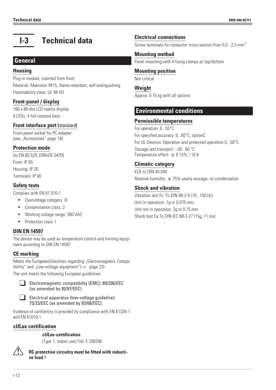 I-3 technical data 12, Technical data 12 - 17, I-3 technical data | General, Environmental conditions | West Control Solutions KS98-1 User Manual | Page 12 / 320