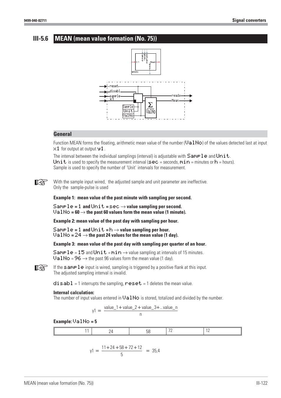 Iii-5.6 mean (mean value formation (no. 75)) 122, Mean 122, Mean value formation 122 | Iii-5.6 mean (mean value formation (no. 75)) | West Control Solutions KS98-1 User Manual | Page 122 / 320