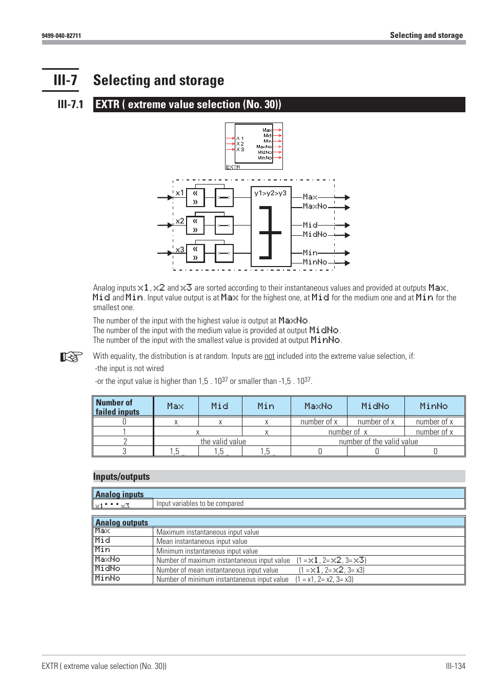 Iii-7 selecting and storage 134, Extr 134, Extreme value selection 134 | Selection and storage 134, Iii-7 selecting and storage, Iii-7.1 extr ( extreme value selection (no. 30)), Inputs/outputs | West Control Solutions KS98-1 User Manual | Page 134 / 320