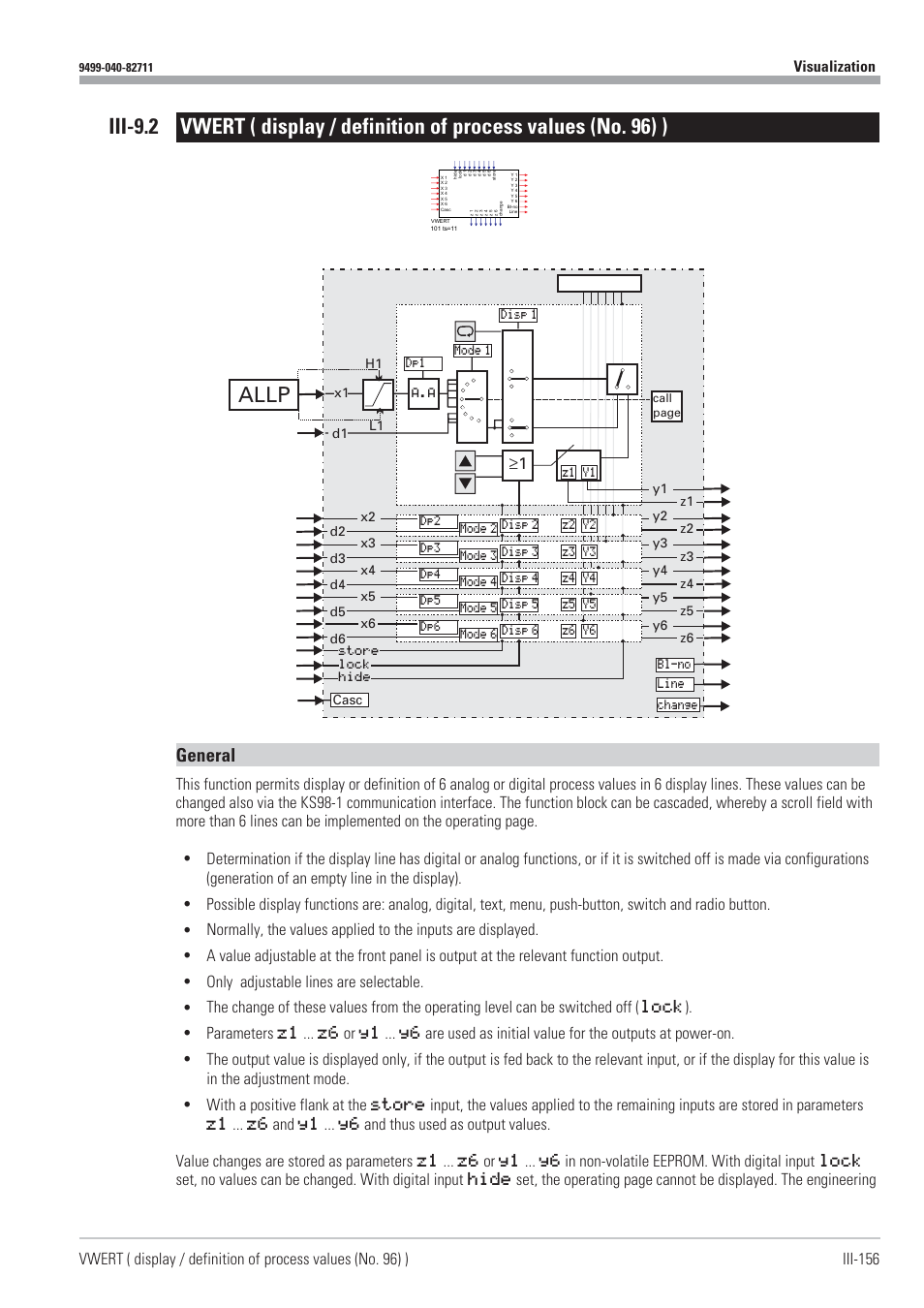 Display / definition of process values 156 - 160, Visualization 156, Vwert 156 | Allp, General, Only adjustable lines are selectable | West Control Solutions KS98-1 User Manual | Page 156 / 320