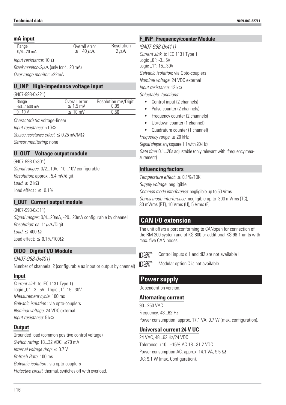 Can i/o extension, Power supply | West Control Solutions KS98-1 User Manual | Page 16 / 320