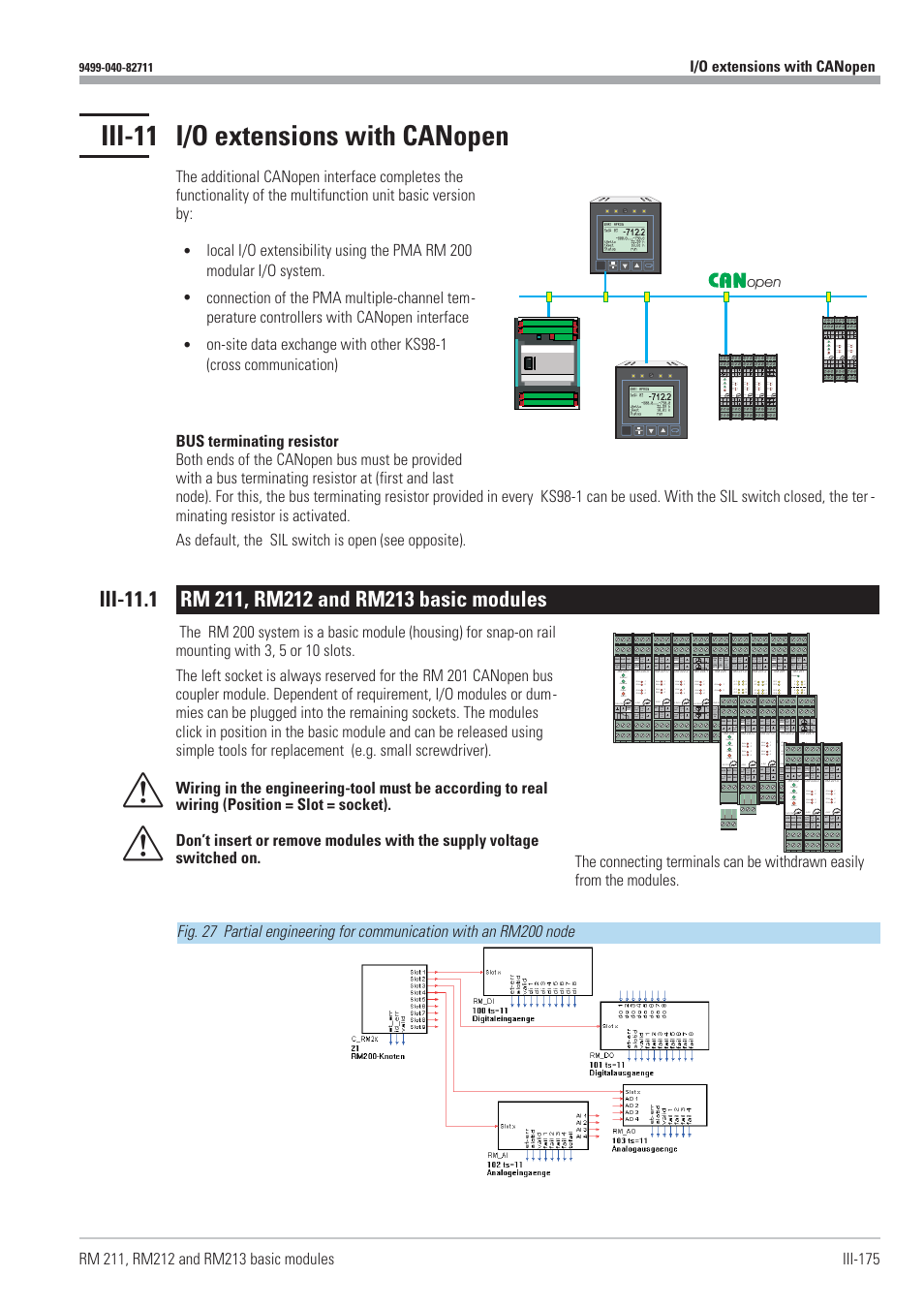 Iii-11 i/o extensions with canopen 175, Iii-11.1 rm 211, rm212 and rm213 basic modules 175, Canopen 175 - 182 | Rm-modules 175, I/o extensions with canopen 175 - 182, Rm basic modules 175, Rm211, rm212, rm213 175, Iii-11 i/o extensions with canopen, In1 0 ma, In2 0 ma | West Control Solutions KS98-1 User Manual | Page 175 / 320