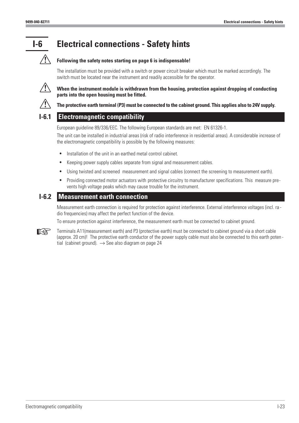 I-6 electrical connections - safety hints 23, I-6.1 electromagnetic compatibility 23, I-6.2 measurement earth connection 23 | Electrical connection 23 - 28, I-6 electrical connections - safety hints | West Control Solutions KS98-1 User Manual | Page 23 / 320