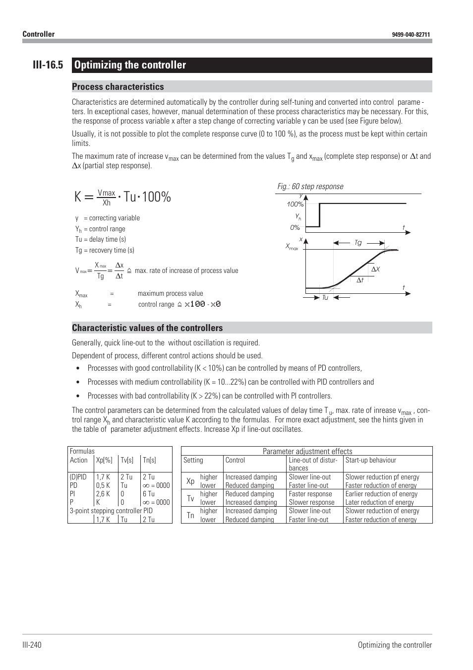 Iii-16.5 optimizing the controller 240, Optimizing the controller 240, Characteristic values 240 | Process characteristics 240, Process characteristics 240,263, Iii-16.5 optimizing the controller, Process characteristics, Characteristic values of the controllers | West Control Solutions KS98-1 User Manual | Page 240 / 320