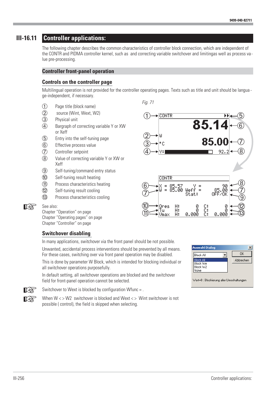 Iii-16.11 controller applications: 256, Controller applications 256 - 259,313 - 319, Controller front-panel operation 256 - 259 | Switchover disabling 256, Ь* ц д # < > y < y x > > c v b n | West Control Solutions KS98-1 User Manual | Page 256 / 320