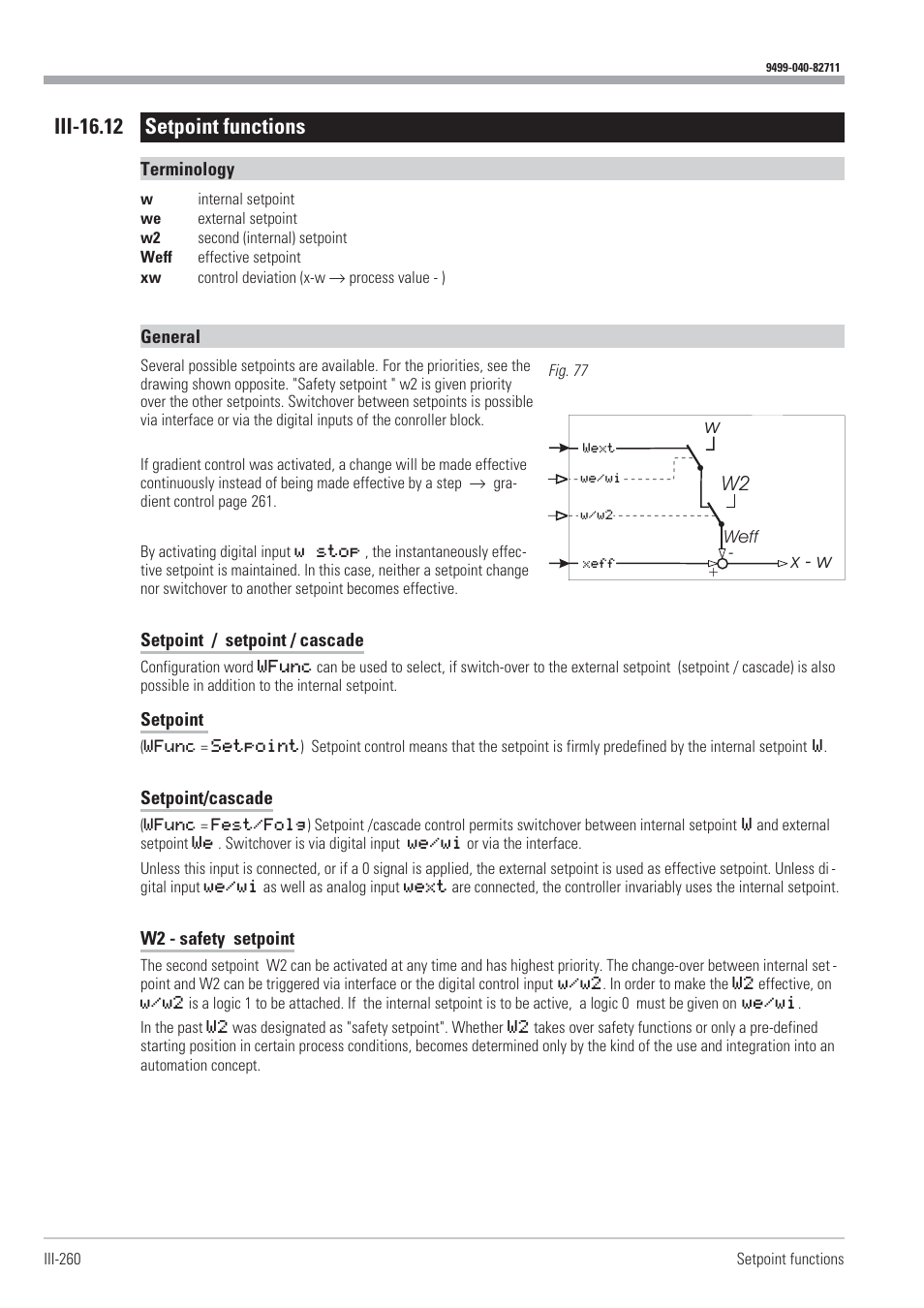 Iii-16.12 setpoint functions 260, Setpoint / setpoint cascade 260, W2 - safety setpoint 260 | Setpoint functions 260 - 264, General 260, Terminology 260, Iii-16.12 setpoint functions, X - w | West Control Solutions KS98-1 User Manual | Page 260 / 320