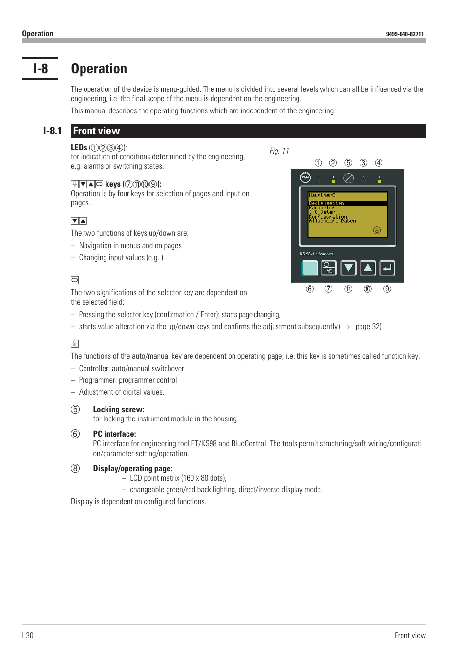 I-8 operation 30, I-8.1 front view 30, Front view 30 - 33 | I-8 operation, I-8.1 front view | West Control Solutions KS98-1 User Manual | Page 30 / 320