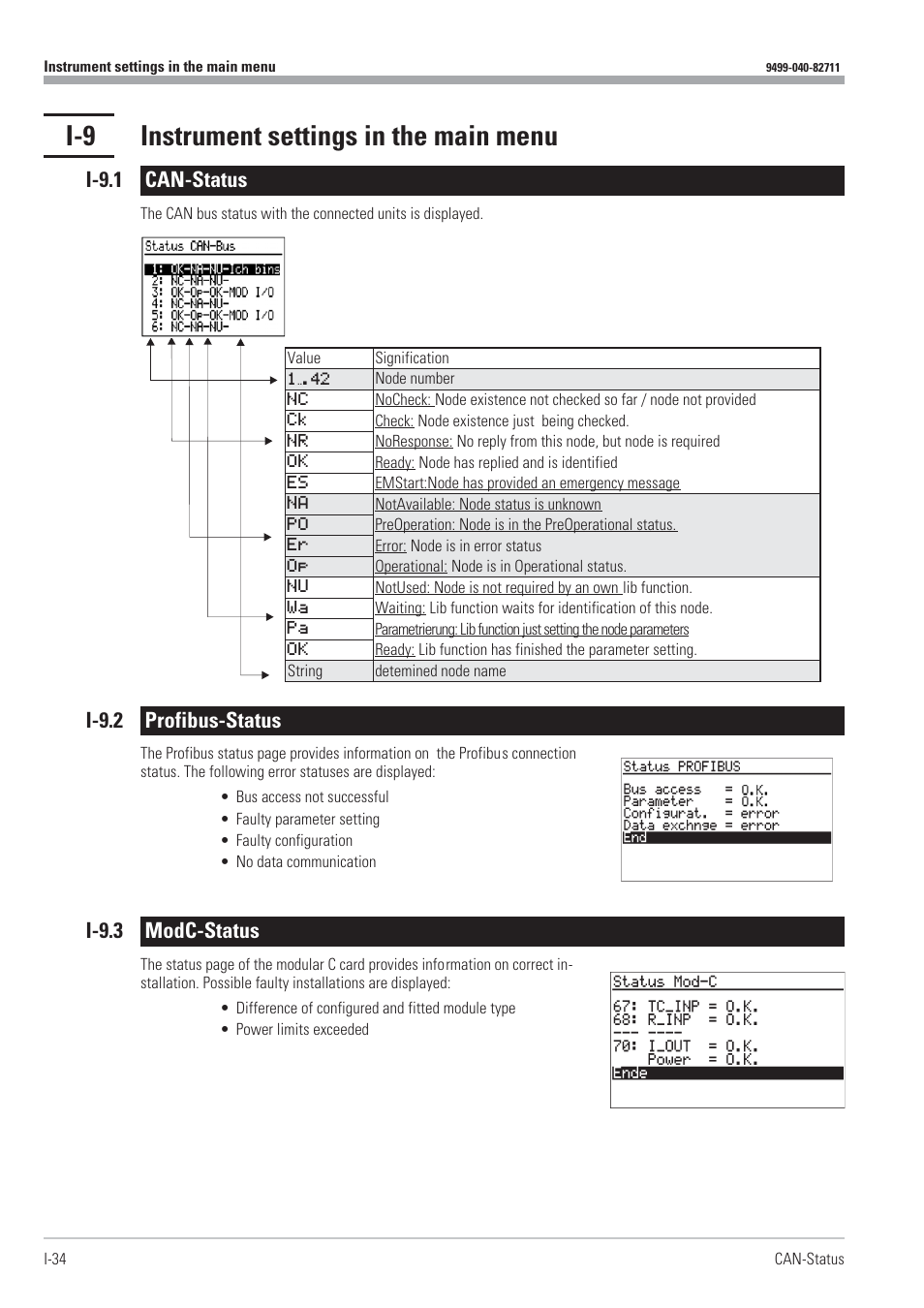 I-9 instrument settings in the main menu 34, I-9.1 can-status 34, I-9.2 profibus-status 34 | I-9.3 modc-status 34, I-9 instrument settings in the main menu, I-9.1 can-status, I-9.2 profibus-status, I-9.3 modc-status | West Control Solutions KS98-1 User Manual | Page 34 / 320