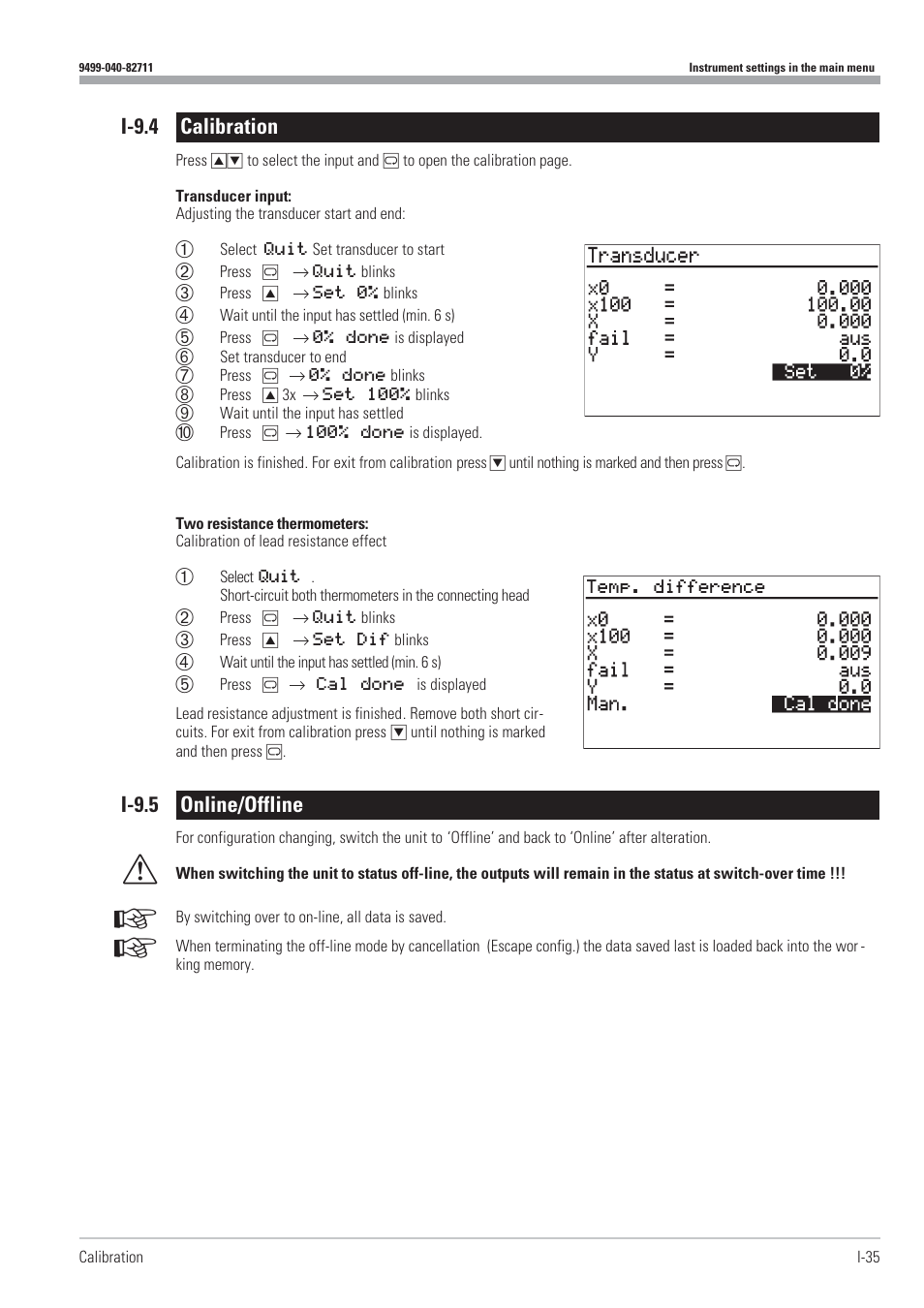 I-9.4 calibration 35, I-9.5 online/offline 35, Calibration 35 | Online/offline 35, I-9.4 calibration, I-9.5 online/offline | West Control Solutions KS98-1 User Manual | Page 35 / 320