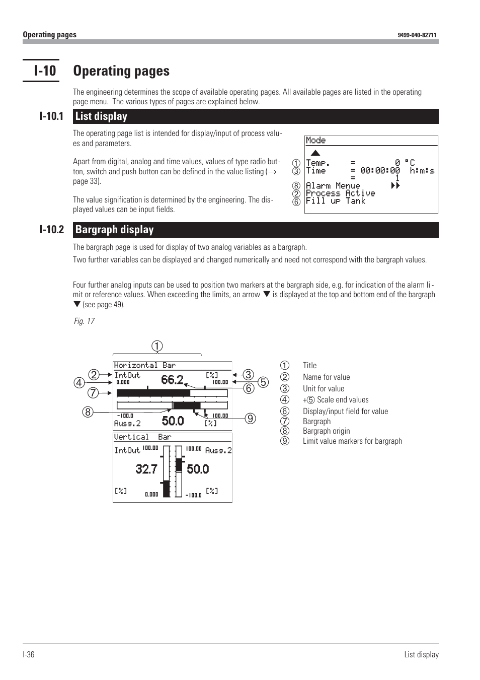 I-10.1 list display 36, I-10.2 bargraph display 36, Bargraph display 36 | List display 36, I-10 operating pages, Ь* д # < > ö y x | West Control Solutions KS98-1 User Manual | Page 36 / 320