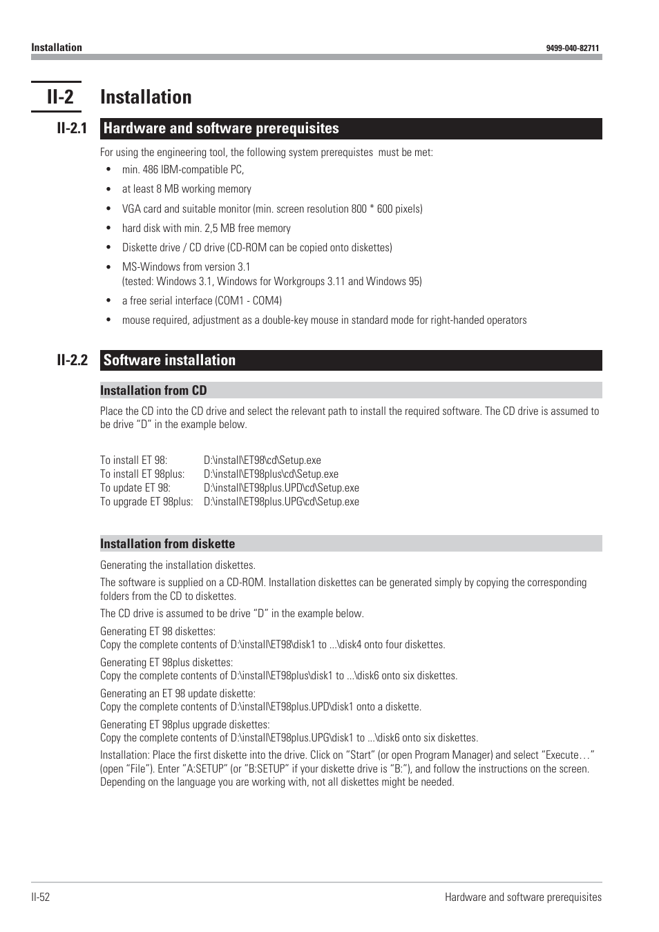 Ii-2 installation 52, Ii-2.1 hardware and software prerequisites 52, Ii-2.2 software installation 52 | Installation 52 - 53, Ii-2 installation, Ii-2.1 hardware and software prerequisites, Ii-2.2 software installation | West Control Solutions KS98-1 User Manual | Page 52 / 320