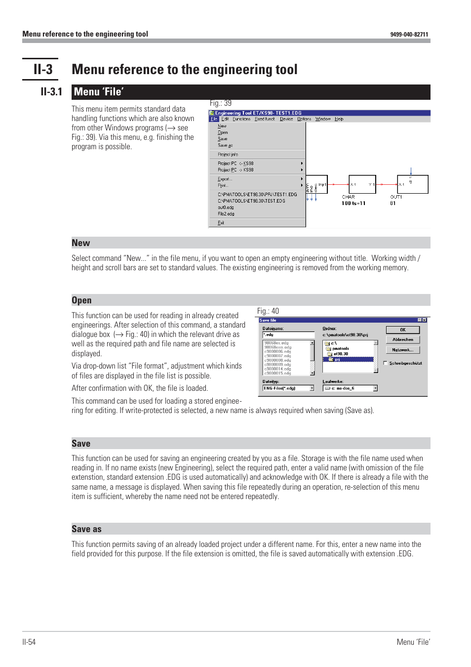 Ii-3 menu reference to the engineering tool 54, Ii-3.1 menu ‘file’ 54, Menu reference 54 - 67 | Ii-3 menu reference to the engineering tool, Ii-3.1 menu ‘file | West Control Solutions KS98-1 User Manual | Page 54 / 320