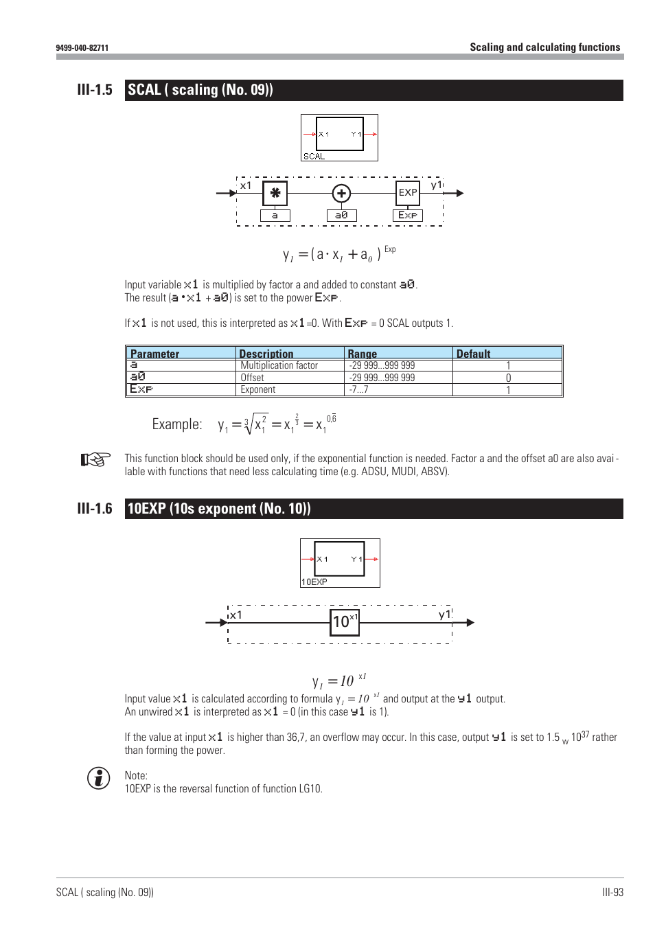 Iii-1.5 scal ( scaling (no. 09)) 93, Iii-1.6 10exp (10s exponent (no. 10)) 93, 10exp 93 | 10s exponent 93, Exponent (10s) 93, Scal 93, Scaling 93, Iii-1.5 scal ( scaling (no. 09)) y a x a, Example: y x x x | West Control Solutions KS98-1 User Manual | Page 93 / 320