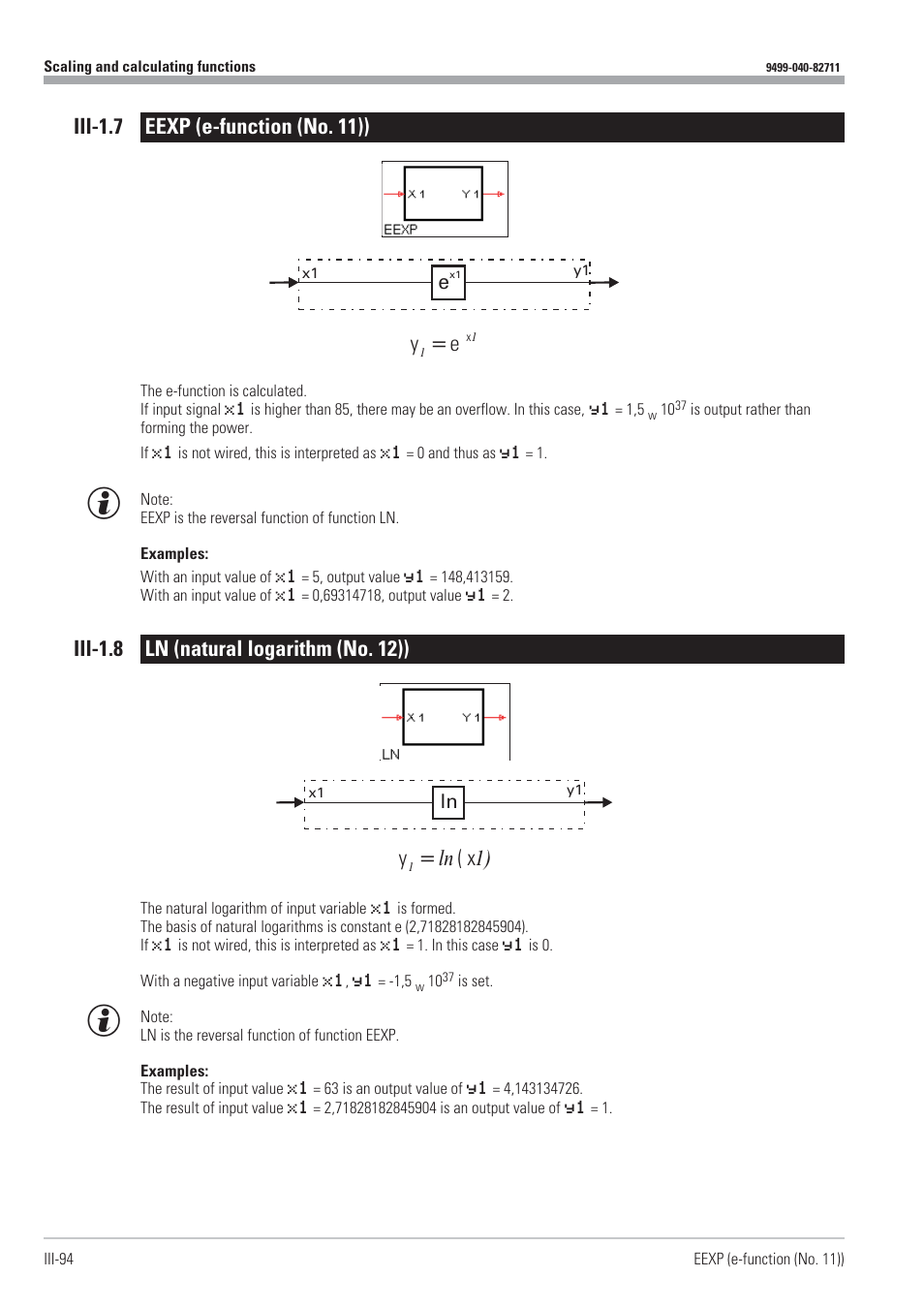 Iii-1.7 eexp (e-function (no. 11)) 94, Iii-1.8 ln (natural logarithm (no. 12)) 94, E function 94 | Eexp 94, Ln 94, Logarithm (natural) 94, Natural logarithm 94, Iii-1.7 eexp (e-function (no. 11)) y e, Iii-1.8 ln (natural logarithm (no. 12)) y x, Ln 1) | West Control Solutions KS98-1 User Manual | Page 94 / 320