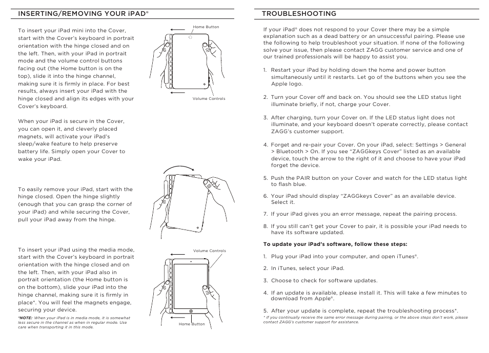 Inserting/removing your ipad® troubleshooting | ZAGG Cover for iPad mini User Manual | Page 2 / 4