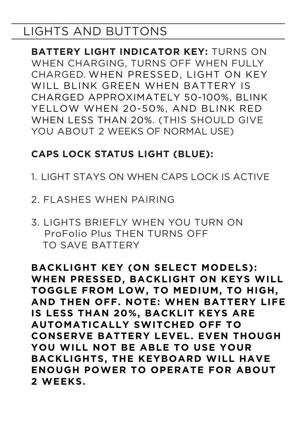 Lights and buttons | ZAGG ZAGGkeys PROfolio/PROfolio+ for iPad 2, 3, & 4 User Manual | Page 7 / 12
